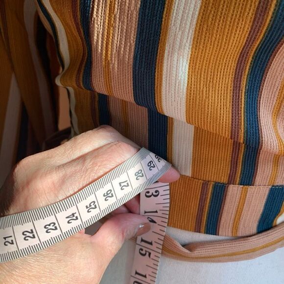 Favlux Cropped Wraparound Tied Blouse Striped Green Gold Bubble Sleeve Wmn Small - Picture 6 of 8